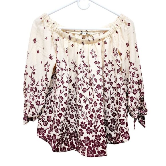 Haute Monde Floral Off Shoulder Blouse SZ S Beige/Burgundy 3/4 Sleeve Womens Top - Picture 2 of 10